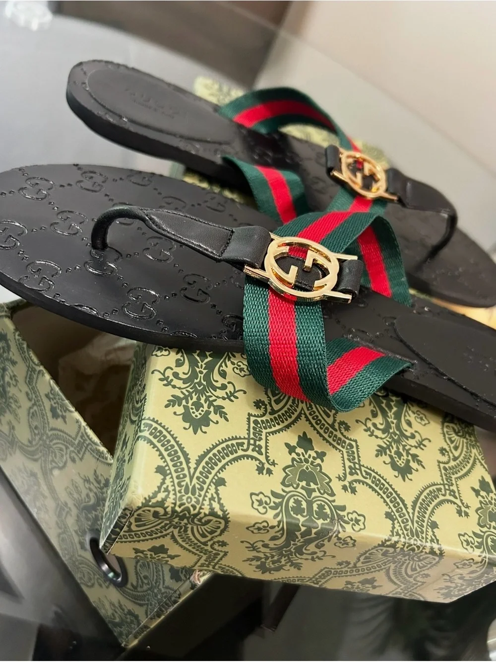 Women's Gucci Thong Sandals/ Signature Green & Red Stripe and Gold Accent/New.
